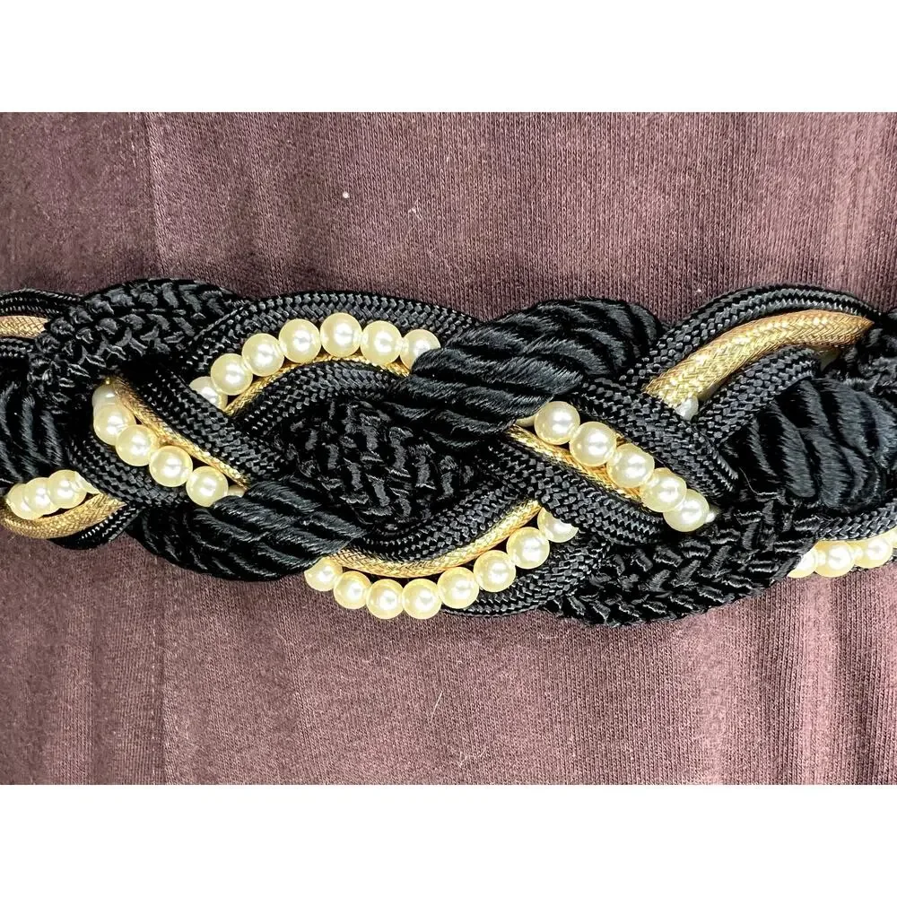 rope chord belt black gold faux pearls boho vintage 1980s